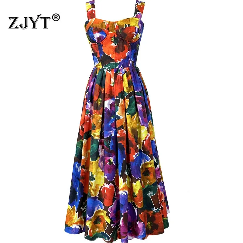 Zjyt Summer Holiday Beach Dress per donne Stampa vintage Spaghetti Strap Abiti Midi Designer Elegante Vestidos 240410