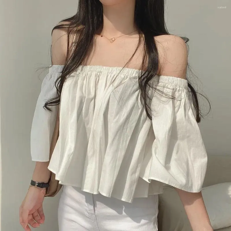 Women's Blouses Blouse Women Office Lady Korea French Style Loose Solid Knitted Lantern Sleeve Strapless Blusas Womens Tops And