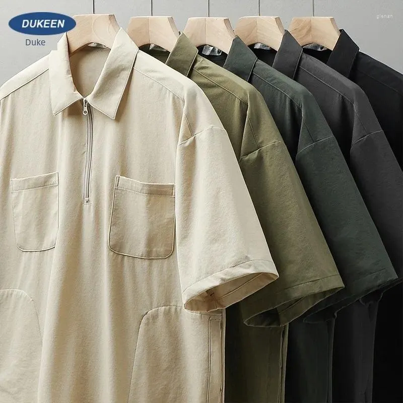 Polos maschile en American Work Shirt Shirt a maniche corta uomini estivi tasca sciolta cerniera seta di ghiaccio rapido tasca