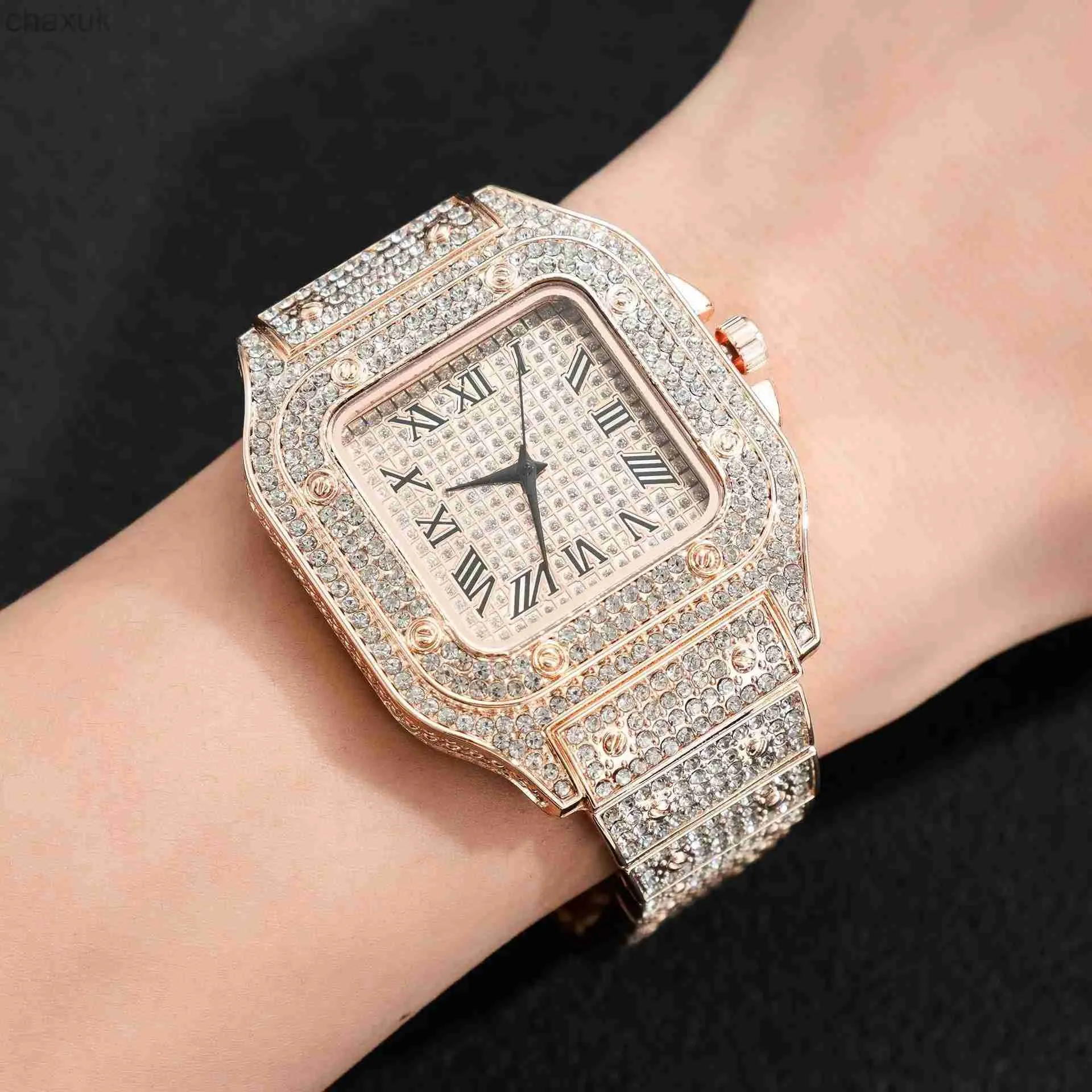 Montre-bracelettes Uthai L77 Watch for Men Fashion Fashion Luxury Gold Square Diamond Full Sky Star Males Watchs Steel Band Quartz Wristwatch D240417