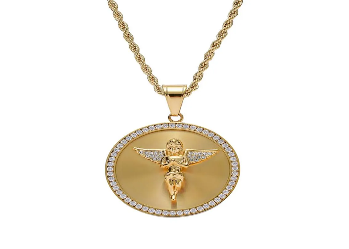 Edelstahl religiöser Hip Hop Inlay Anhänger ECED ANGEN ENGEL WINGS Pendant für Frauen Männer Gold Farbe Runde Halskette mit Steinen7635620