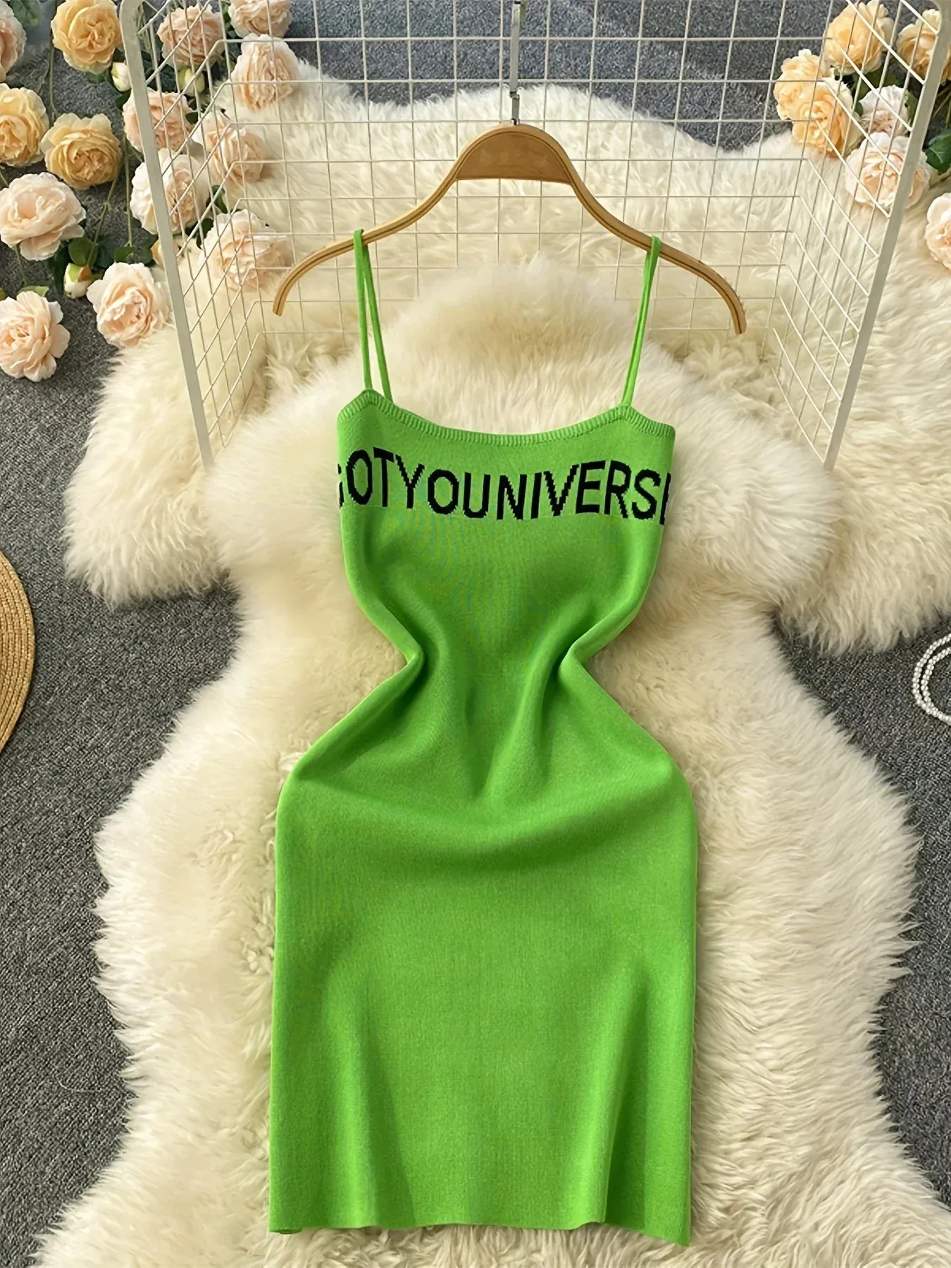 2024 Green Summer Letter Print Cami Dress Casual Sleeveless Bodycon Spaghetti Dress Womens Clothing Outfits Short Sundress 240415