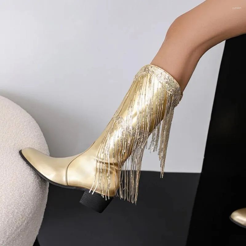 Stivali da donna europea e americana Nappa in pelle di brevetto in pelle luccicante in rilievo tallone alto tallone eleganti scarpe da palcoscenico