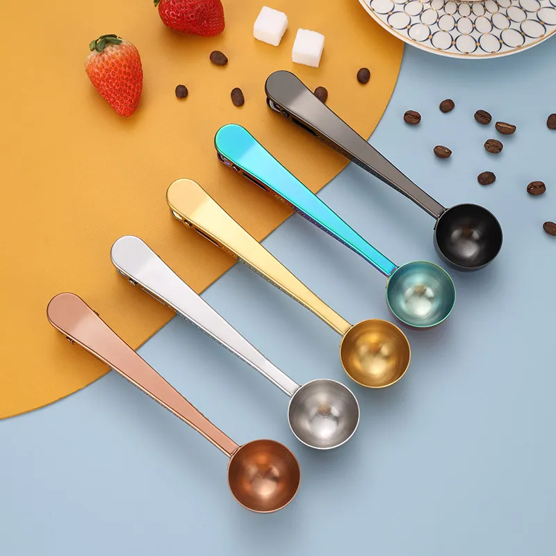 Multifunction Coffee Spoons 2 in 1 Stainless Steel Spoon and Bag Sealing Clip Coffee Protein Powder Instant Drinks Seasoning Measuring Scoop T9I002618