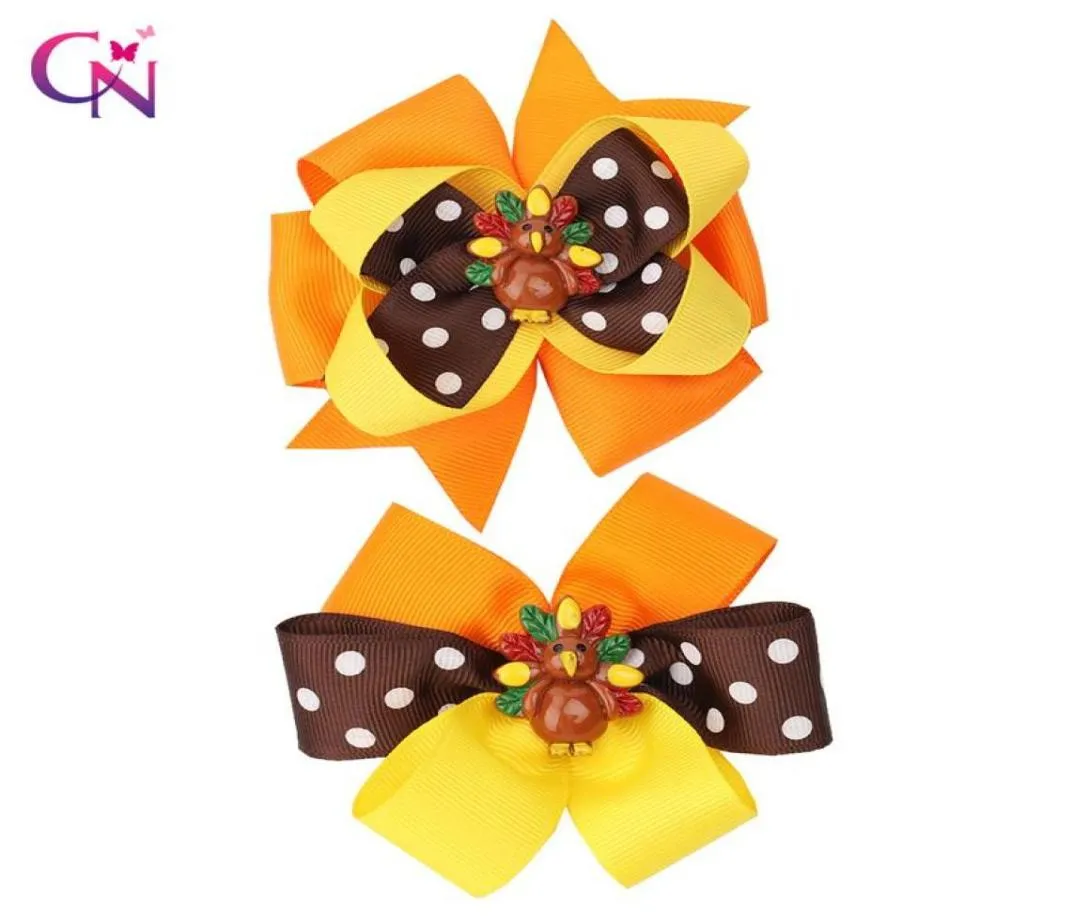 CN 6 Pcslots 35 quot Thanksgiving Hair Bows For Girls Kids Stack Dot Turkey Hair Clips Hairpins Festival Accessoriess5871952