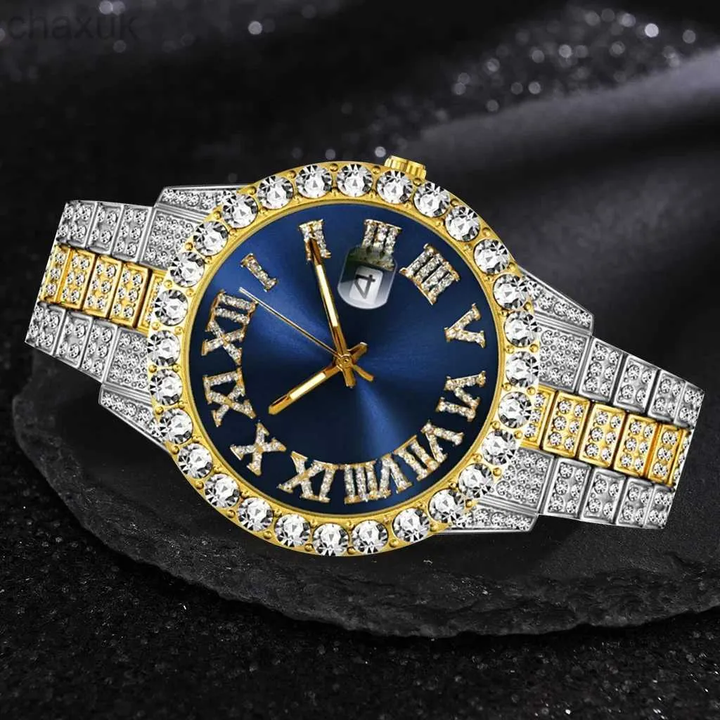 Wristwatches Iced Out Watch Men Luxury Brand Full Diamond Mens Watches AAA CZ Quartz Waterproof Hip Hop Male Clock Gift for d240417