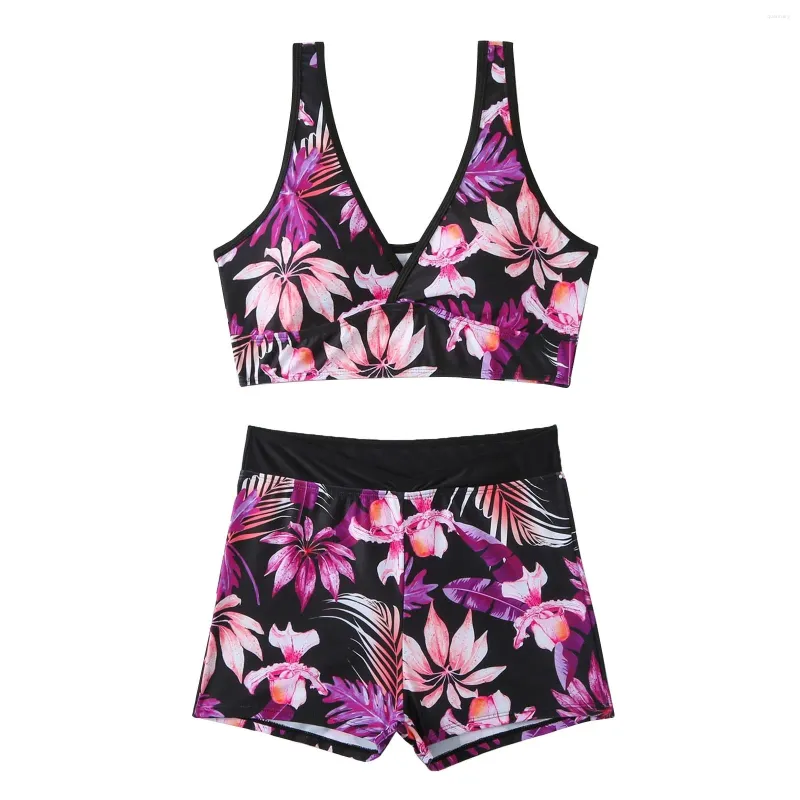 Kvinnors badkläder Floral Leaf Print V Neck High Stretch 2 -stycken Tankini Push Up Tropical Tank Top midja Junior Baddräkter Shorts Shorts