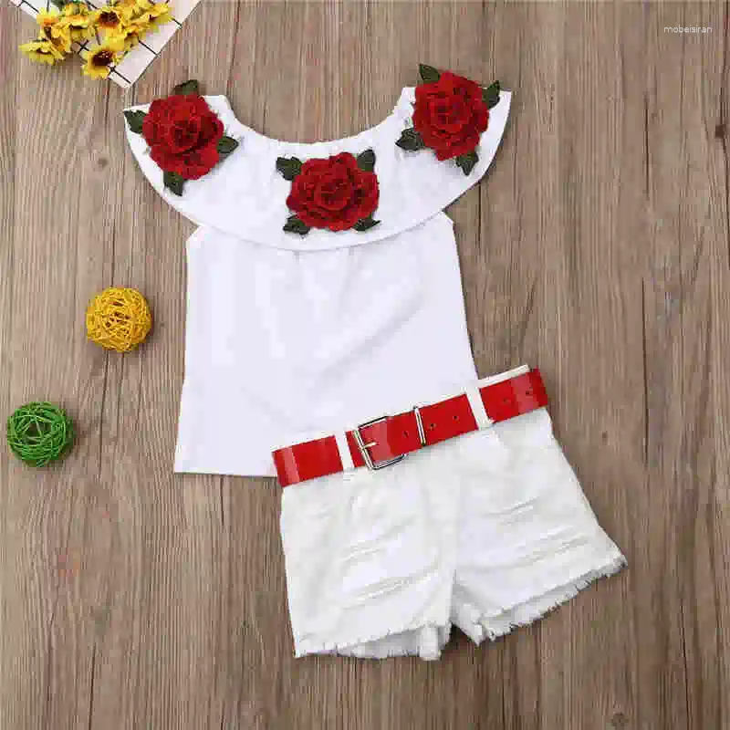 Kläderuppsättningar 1-7 år Kidflickor Summer Outfits Off Shoulder Floral Embrodery T-Shirt Topps Belted Shorts 2pcs Clothes Set