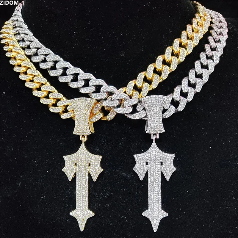 Men Women Hip Hop Letter Iced Out Cross Sword Necklaces with 13mm Cuban Chain HipHop Pendant Necklace Fashion Charm Jewelry 240410