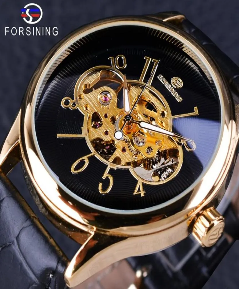 Forsining Creative Skeleton Black Golden Display MEN039S Openwork Watch Top Brand Luxury Mechanical Owatch trasparente Case7252627