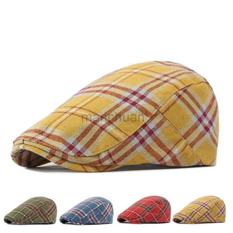 Berets 2024 Four Seasons Cotton Plaid Print Newsboy Caps Flat Peaked Cap Men and Women Painter Beret Hats 162 d24417