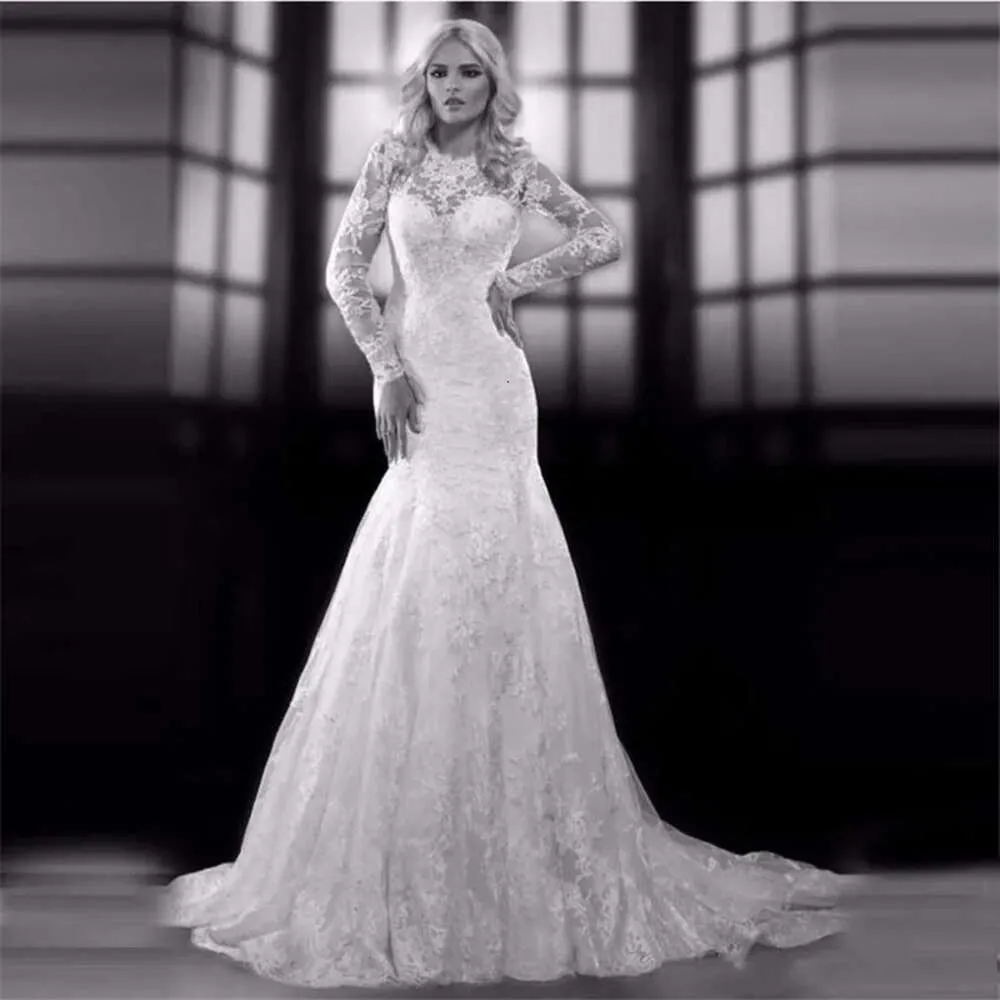 Mermaid Bride Backless Sexy Vestres para o Tribunal Trip Lace Manga Longa Jóia Pescoço Backeia trompa de trompete Vestidos de noiva Robe de Mariage Vestidos Novia