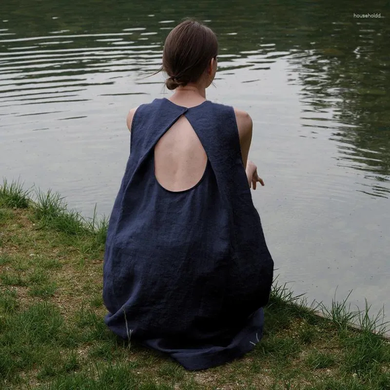 Lässige Kleider 2024 französischer Stil Leinen elegante Party für Frauen ärmellose Rückenknopf hohl aus langer schicker Boho Sunddress