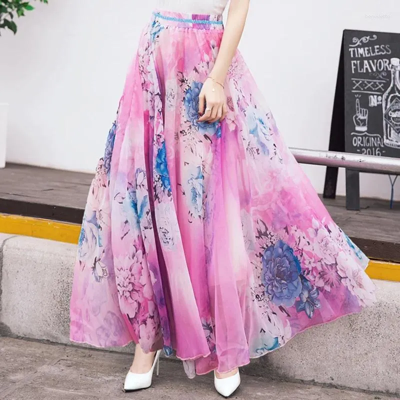 SKIRTS feminino Boho High Caist A-Line Summer Maxi Floral Printe