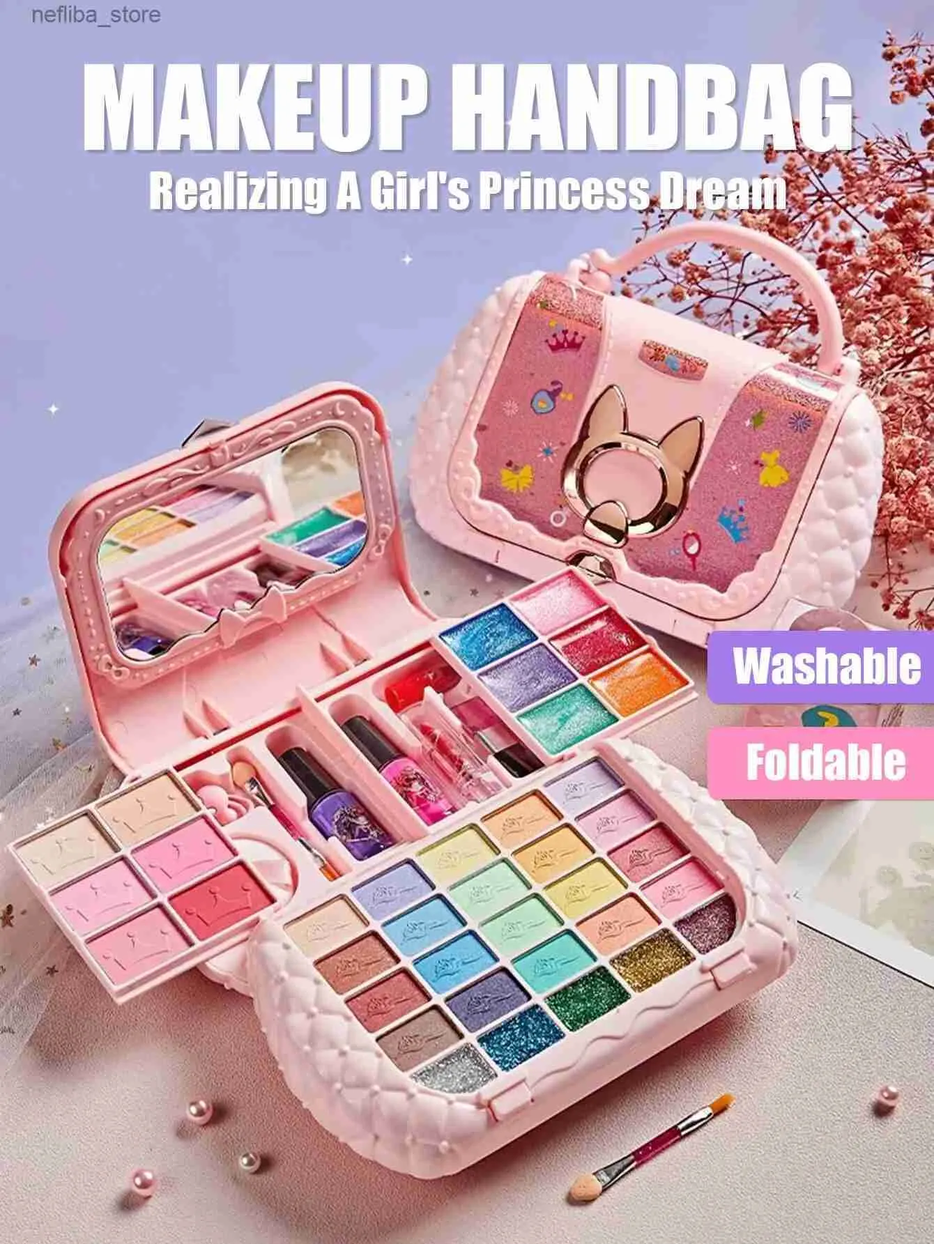 Cosmetic Bags Kids Beauty Toys Makeup Kit Little Bag Washable Pretend Play Cosmetic Set Toys with Mirror Non-Toxic Safe Birthday Gifts Girl L410