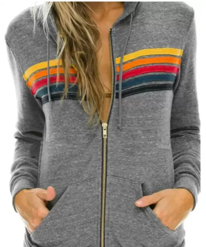 Tweede stuk broekontwerpster voor dames Hoodie Oversized Rainbow Stripe Lange mouw Sweatshirt Zipper Pocket Coat Jacked Spring Casual verbeterde materiaal Good Quanlity #LL8