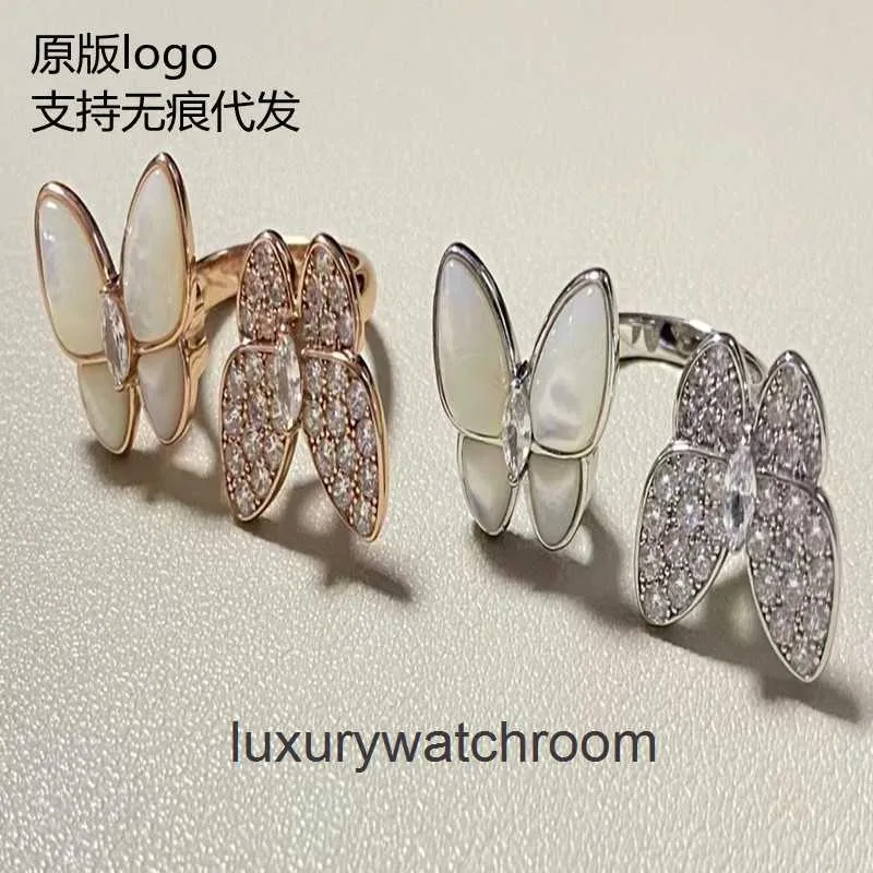 Anéis de designer de ponta para Vancleff anel de olho na borboleta anel de borboleta feminina Lucky Four Grass White Fritillaria Double Full Diamond Butterfly Ring Original 1: 1