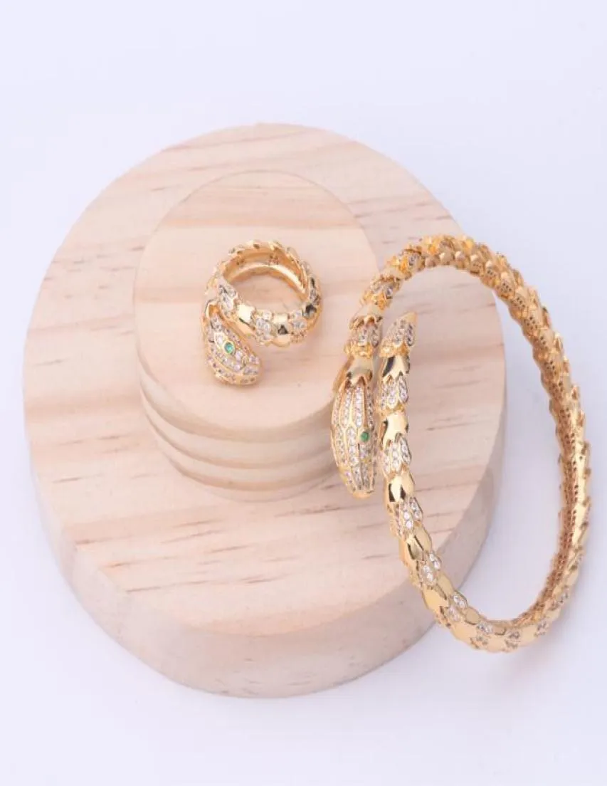 Fashion Brand Jewelry Sets Lady Brass Glossy Surface Spacing Diamond Single Circles Serpent 18K Gold Engagement Bracelets Ring 3 Color4982440