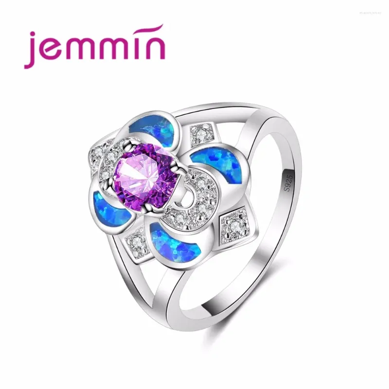 Cluster anneaux Arrivée Mariage en cristal violet 925 Anneau de doigt d'opale en argent sterling pour les femmes de la Saint-Valentin anillos bijoux