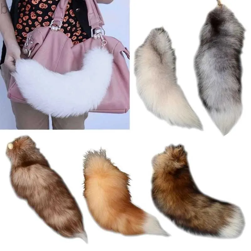 Keychains Lanyards Large Fluffy Fox Animal Tail Keychain Women 40cm Long Plush Pendant Key Chain Bag Charm Couple Keyring for Backpack Car Decor d240417