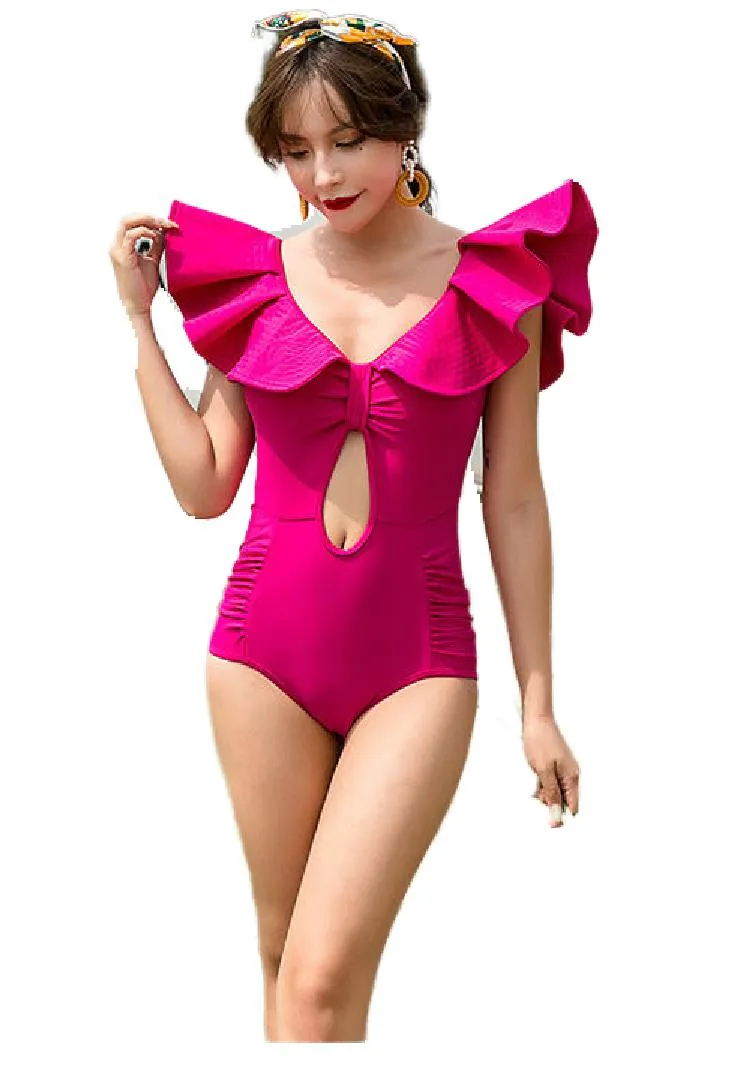 Sexy Fashion Femmes Sans manches en V Deep à col Ruffles Patchwork Hollow Out Backless One Piece Remplies Bathwing Bathing Desinger Swimsuit Mlxl