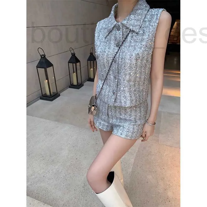 Two Piece Dress Designer Luxury Brand Women's Tweed Shorts Tracksuits Sets Fashion Lapel Sleeveless Jacket And Grey Suit 3727