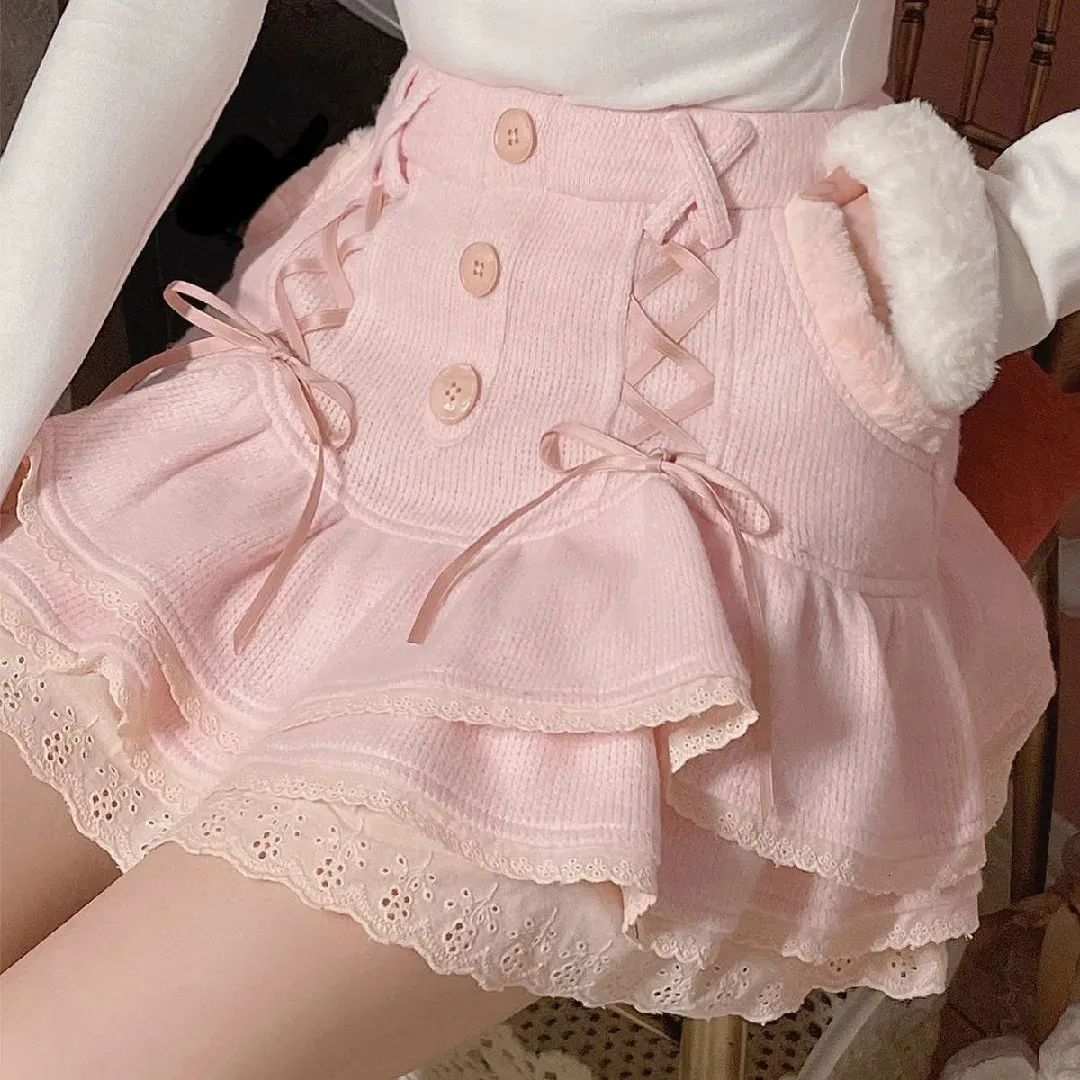 Japanese Lolita Kawaii Pink Mini Skirt with Shorts, Lace