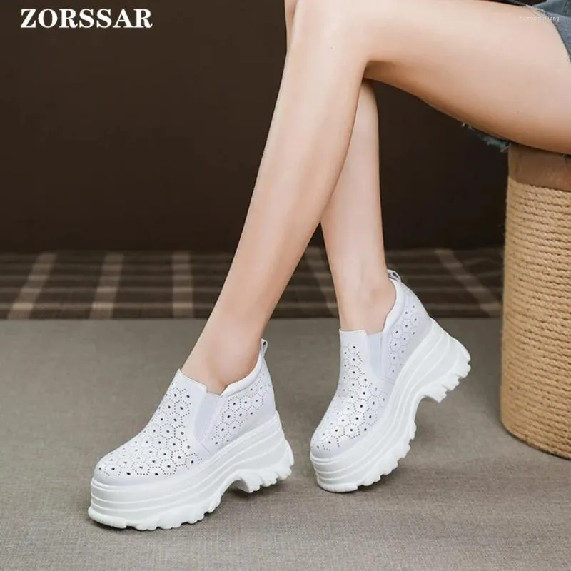 Casual Shoes 10cm äkta läderplattform Sneakers Kvinnor Summer Sandaler Tjocksoled Slip-On White All-Match Hidden Wedges