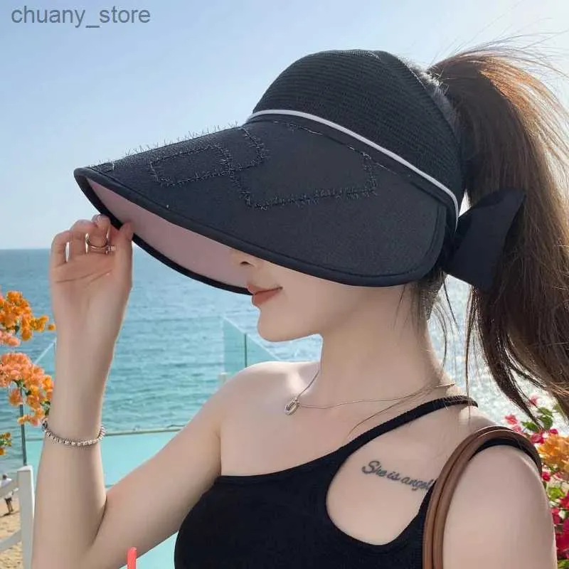 Visors New Korean Style Large Brim Sunshade Hat For Women Outdoor Windproof Empty Top Hat For Traveling Cycling Sun Hat in Summer Y240417