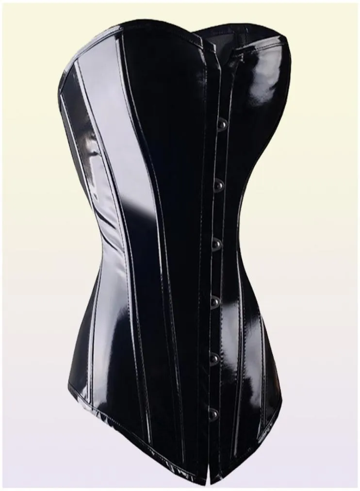 Sexy schwarze PVC Overbust Corset Steampunk Basque Dessous Top Goth Rock Korsett sexy Leder Taille Trainer Korsett für Frauen Y111924849471