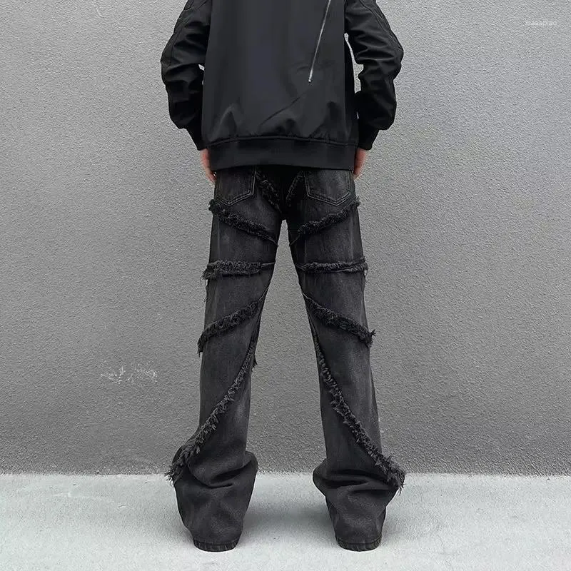 Y2K Mens Baggy Stacked Jeans, Washed Black Straight Denim