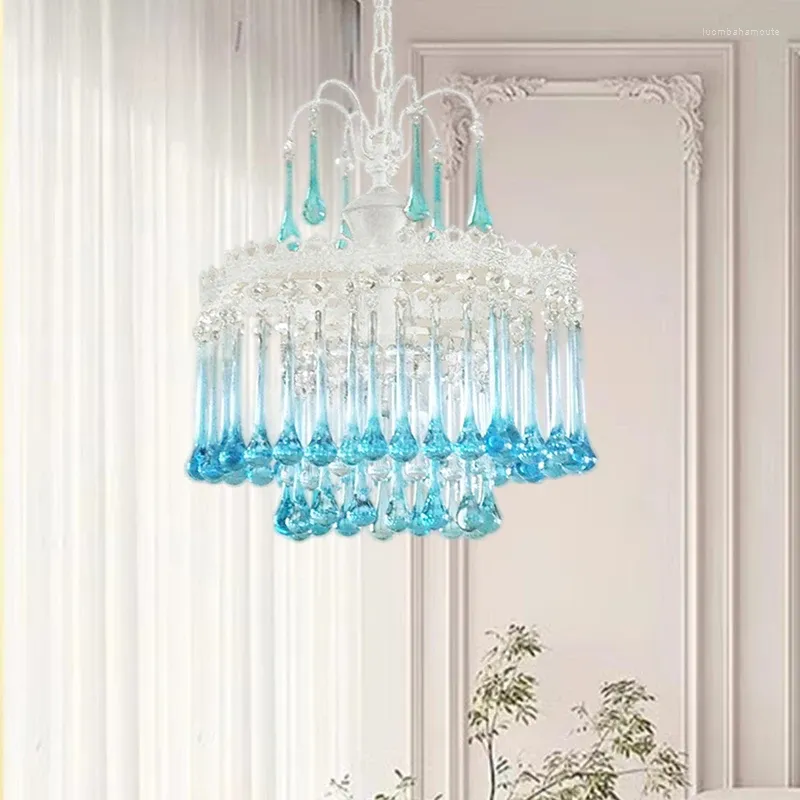 Ljuskronor Sea Blue Beauty Crystal Pendant Lamp European French Light Luxury Retro Glass White Princess Style Room Bedroom