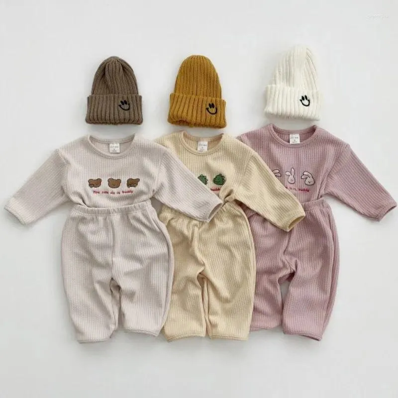 Ensembles de vêtements Spring Kids Clothes Set Boy Girl Baby Waffle Cartoon Carton Long Manche Pantalon solide 2pcs