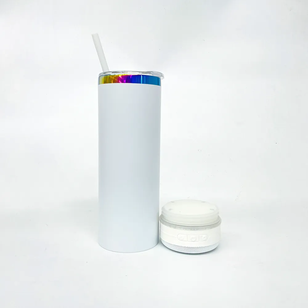 Wholesale powder coated rainbow underneath 20oz Speaker Music Tumbler Waterproof stainless steel skinny straight water bottle with colored straw