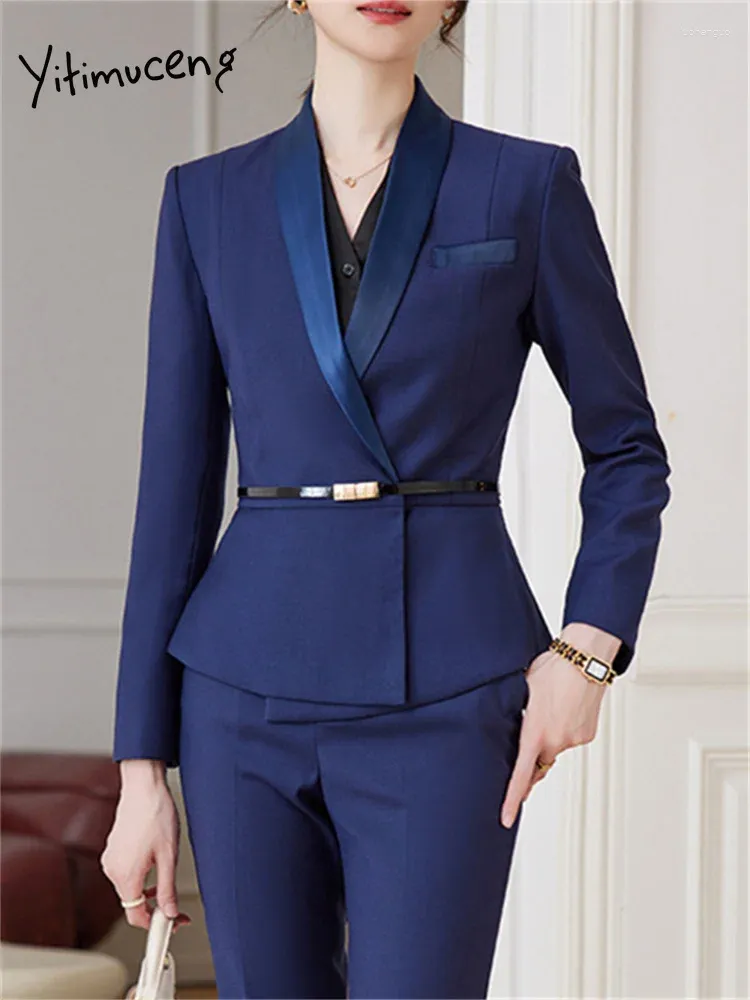 Frauen zweiteilige Hosen Yitimuceng Slim Women Suits Büro Sets 2024 Damen Langarm drehen Kragen Blazer Vintage High Taille Pant