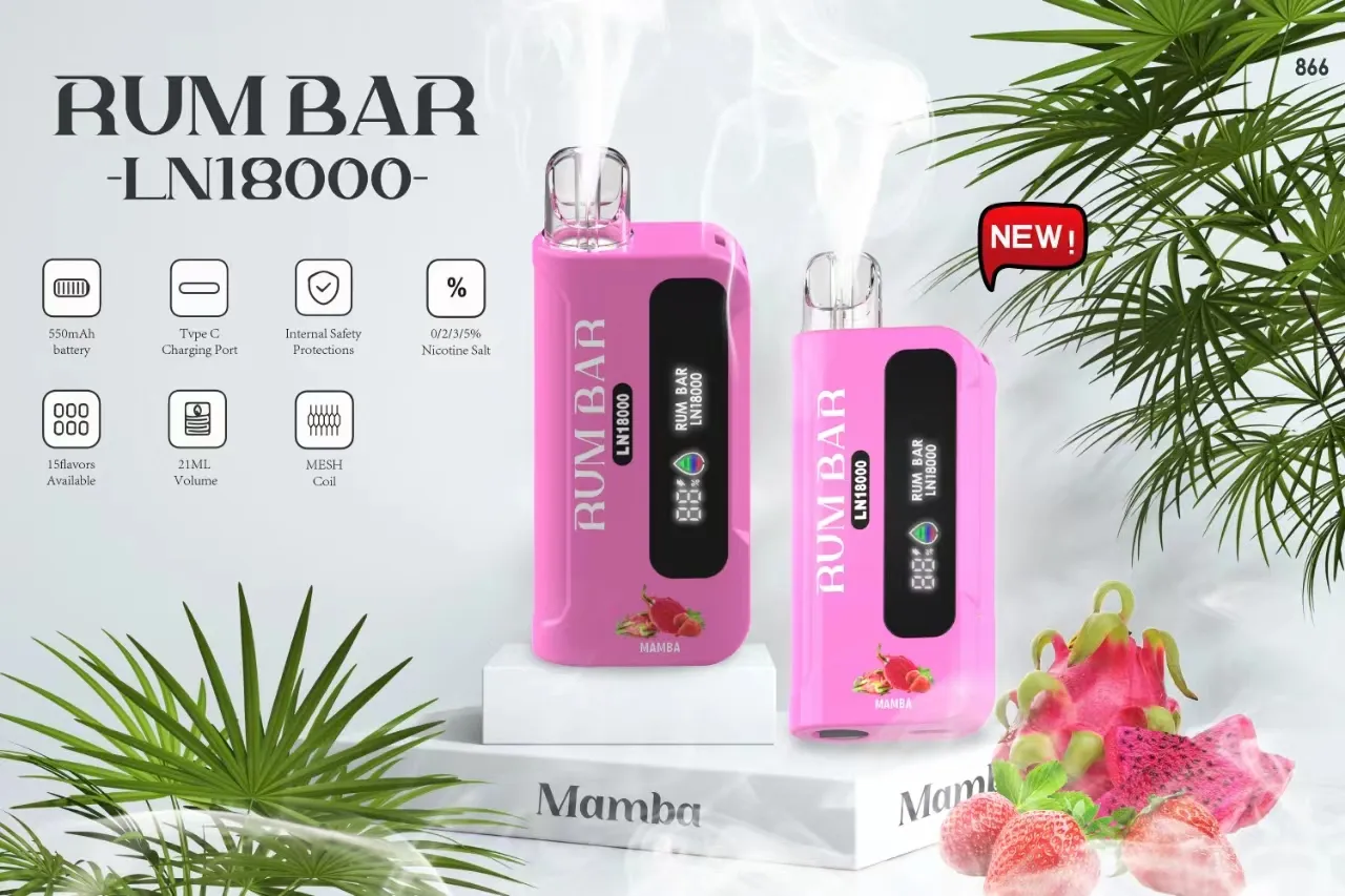 Vaporisateur jetable Vape Original Rum Bar 18000 Puffs 0% 2% 3% 5% 550mAh 21ml Dispositif préfabillé Vape Disposable Autorisé 15 couleurs