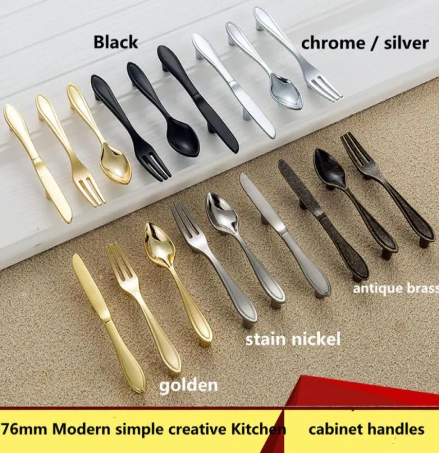 76 mm moderni semplici creati creativi in argento oro forcone cucchiaio mobile da cucina maniglie da 3 "cassetto nero in ottone antico s manopola 4938160
