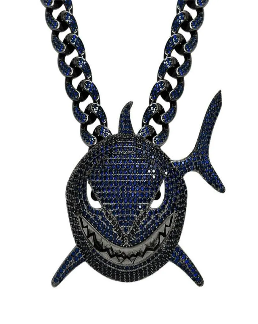Cool Mens Hip Hop Necklace Gold Plated Ice Out Bling Blue CZ Shark Pendant with CZ Cuban Chain for Men Punk Jewelry Gift8264155