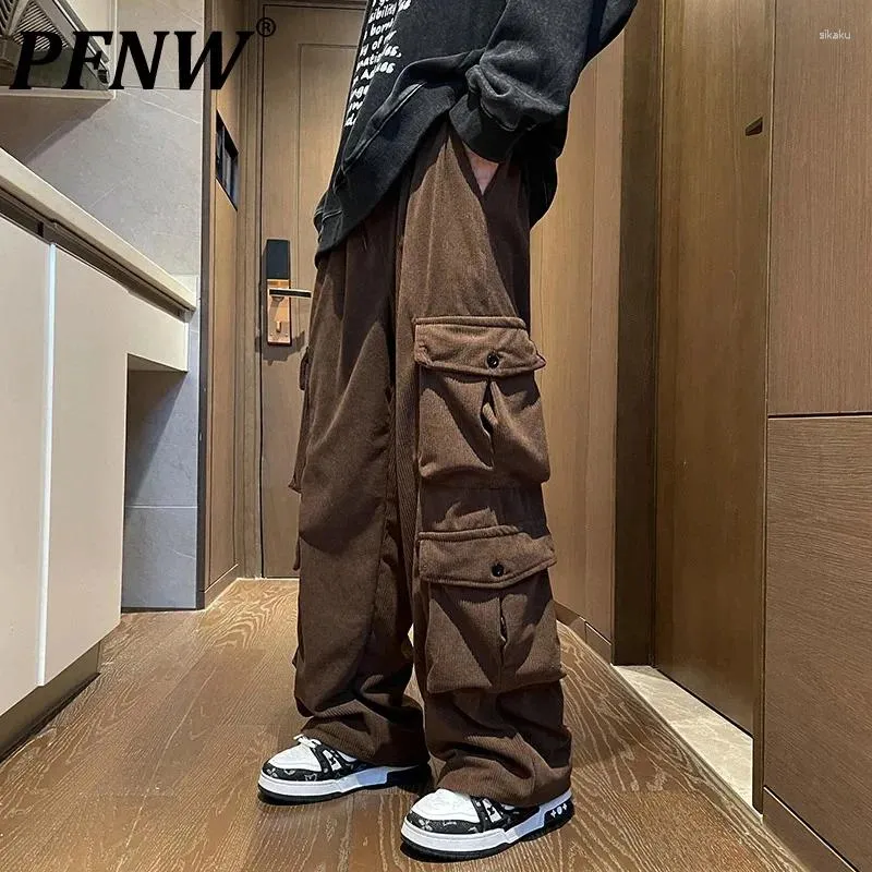 Męskie spodnie Pfnw Corduroy Cargo Multi Pockets Mężczyzna kombinezon Vintage proste szerokie spodnie Nogi 2024 Spring Stlyish 28W2982