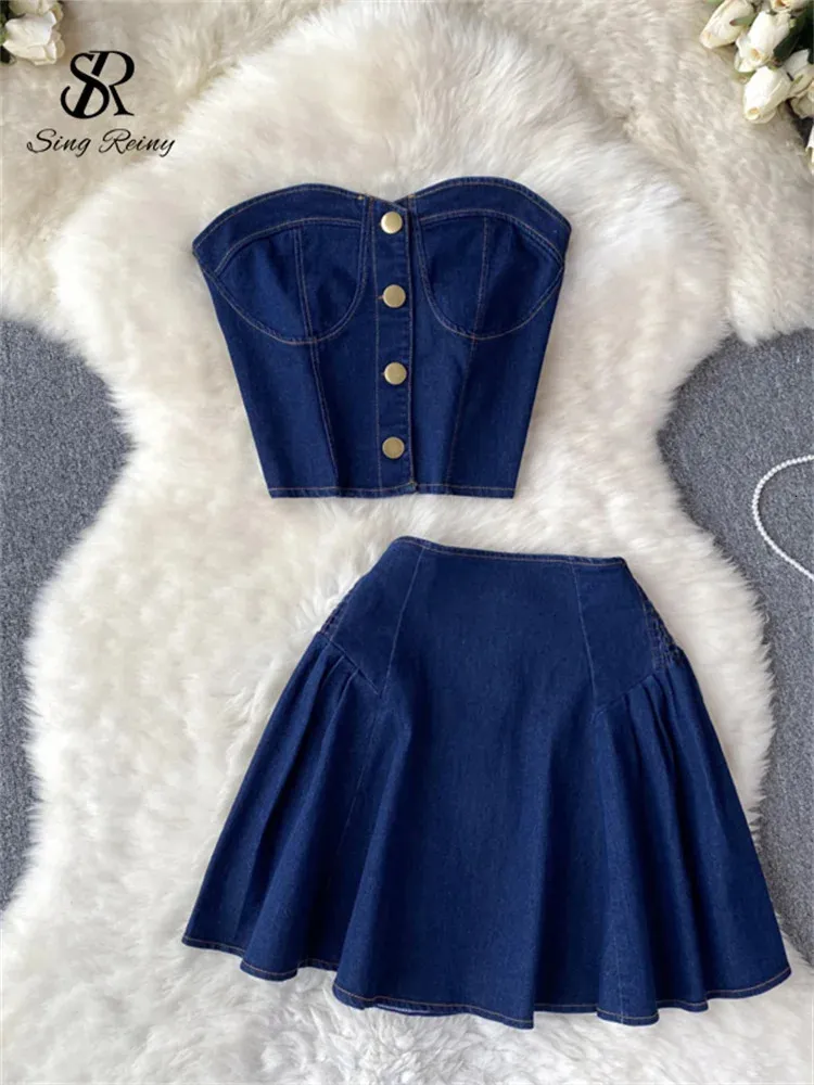 SINGREINY Summer Fashion Denim Two Pieces Suits Strapless Sexy Top Short A Line Skirt Streetwear sweet Vintage Beach Sets 240411