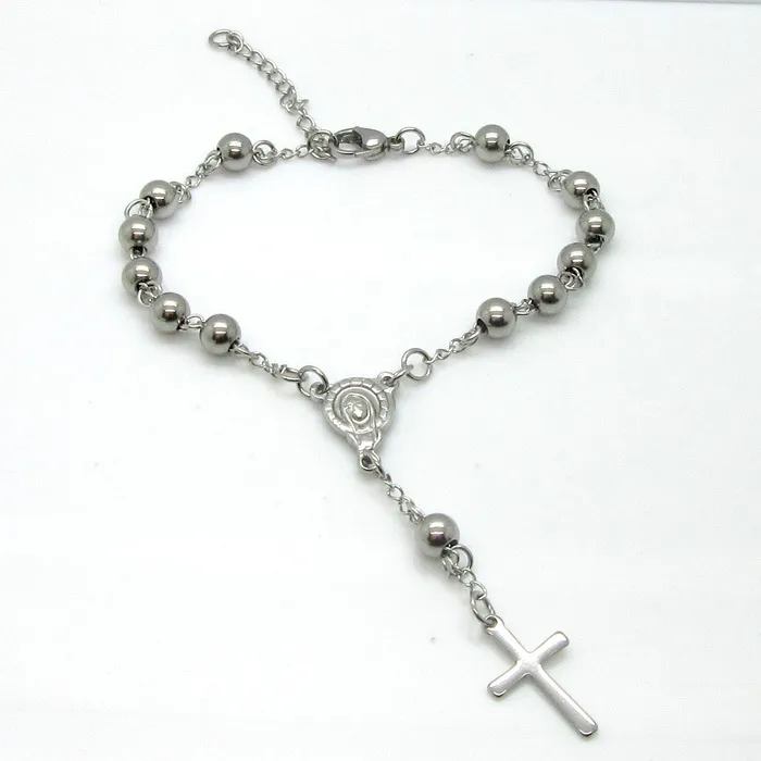 Charme masculino Cruz Jesus Bracelet Bangle Long Rosário Cadeia Jóias de Aço Anterior Men