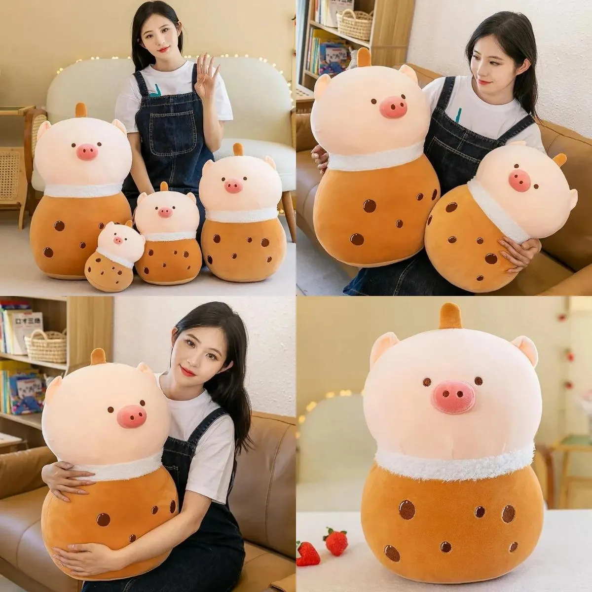 Kruisgrens Nieuwe Zhenzhu Milk Tea Cup Pillow Doll Little Pig Doek Dolled Plaxh Toy Bed Slaap Doll -kussen