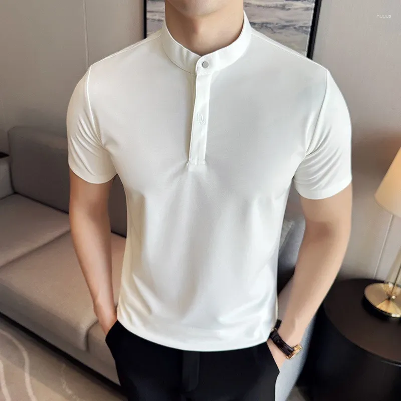 Men's Polos Chinese Style Stand-up Collar Seamless T-shirt Men Summer Short Sleeve Thin Slim Casual Business Social Street Wear