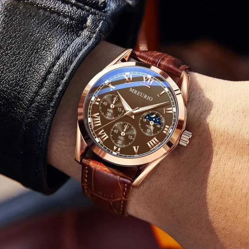 Armbandsur 2024 Nya varumärkeskvarts Titta på läderband Tre ögon lyxmodeföretag Dropshipping Reloj Hombre D240417