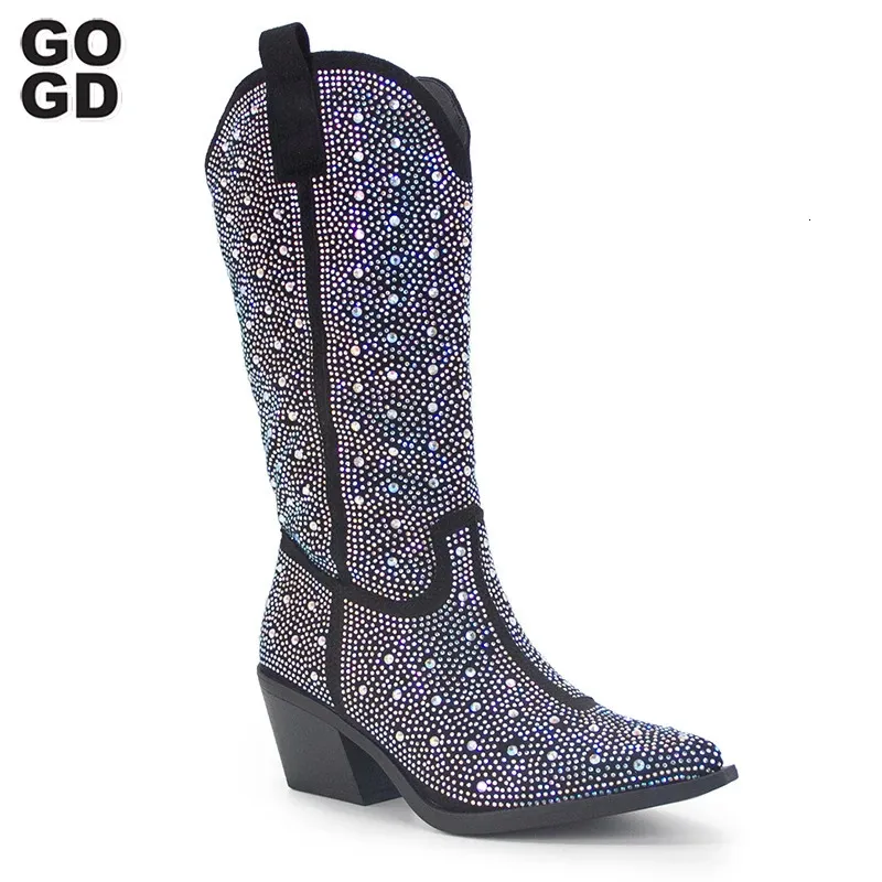 Gogd Rhinestone Fashion Womens Western Mid-Calf Boots Cowboy Cowgirl Shiny Pointed Toe Zipper Sexy High Heels Luxury 240411