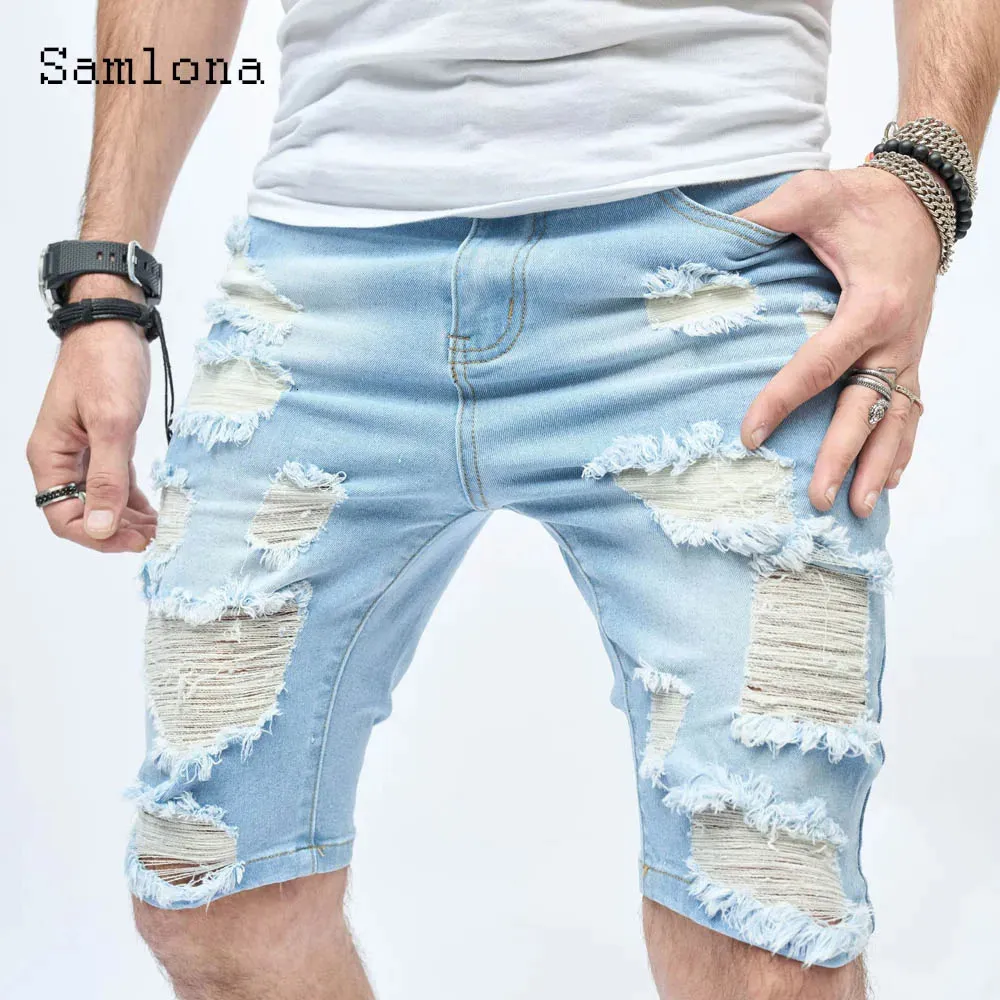 Samlona Men Leisure Spliced Fashion Hip Hop Demin Shorts Summer Sexy Ripped Jeans Short Male Casual Skinny Demin Shorts 240411