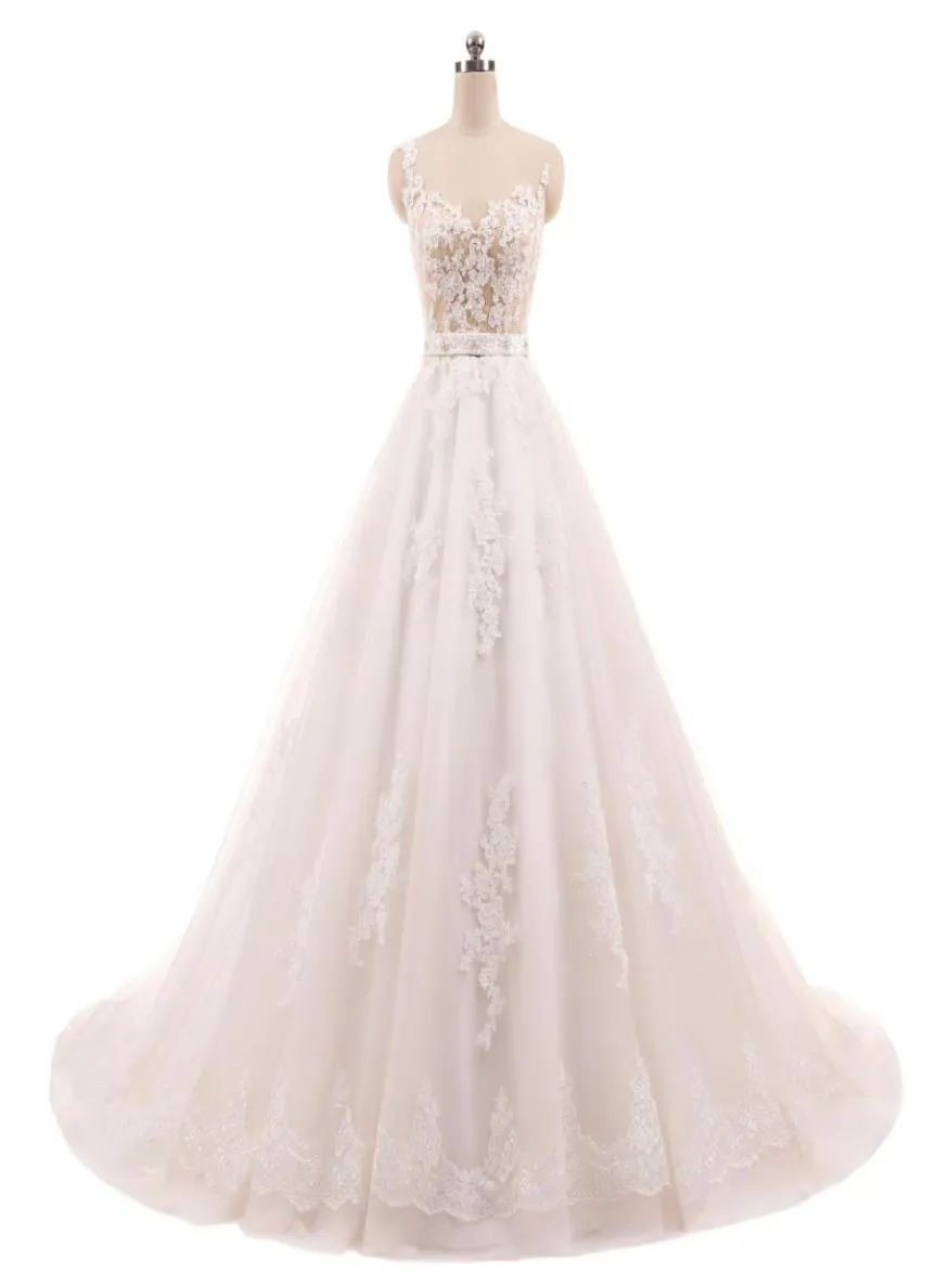 Vestido de no Noiva Abito da ballo Vintage Champagne Wedding Dresses Appliques in pizzo Crystal Sheshes Robe de Mariage China Bridal Gowns5421449