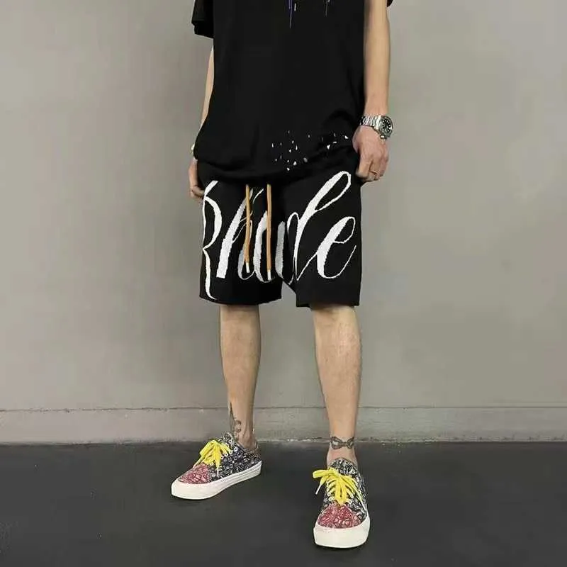 Rhude Fashion Brand American Summer High Street Sports Castary Jacquard編みゆるいカプリの男女のためのゆるいカプリショーツ