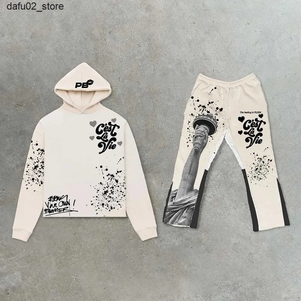 Men's Pants 2024 Spring/Summer Gothic Printed Mens and Womens Hip Hop Hoodie Set New Street Track Set Mens Y2k Clothing Funny Coat Q240417