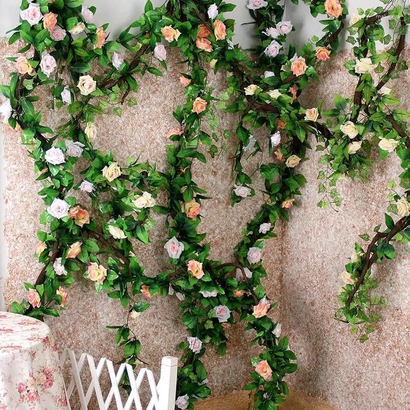 Fleurs décoratives 235 cm de soie roses artificielles vignes à cordes de rotin pour décoration de mariage à la maison fausses plantes bricolage